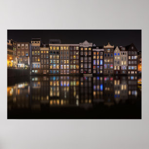Poster Maisons d'Amsterdam avec des lumières colorées la