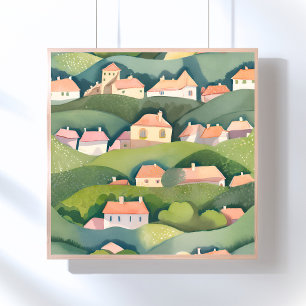 Poster Maisons de coteau Peinture aérée aquarelle natur