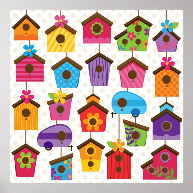Poster Maisons d'oiseaux colorées et vibrantes (Devant)