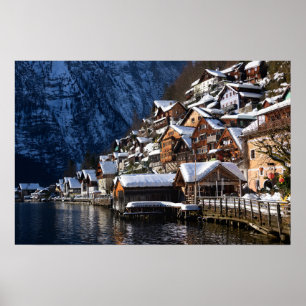 Poster Maisons en bois au bord du lac à Hallstatt, Autric