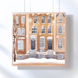 Poster Maisons en grès brun Rue de la ville enneigée aq
