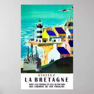 Poster Maisons et phare sur la côte bretonne, France