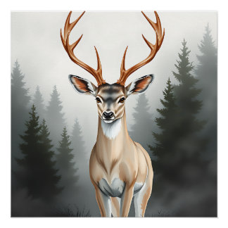 Poster Majestic Deer in Misty Forest – Tranquil Wildlife 