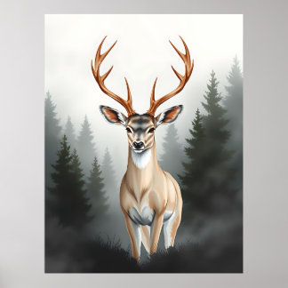 Poster Majestic Deer in Misty Forest – Tranquil Wildlife 