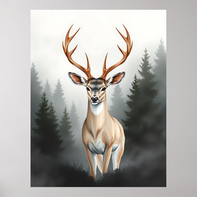 Poster Majestic Deer in Misty Forest – Tranquil Wildlife  (Devant)