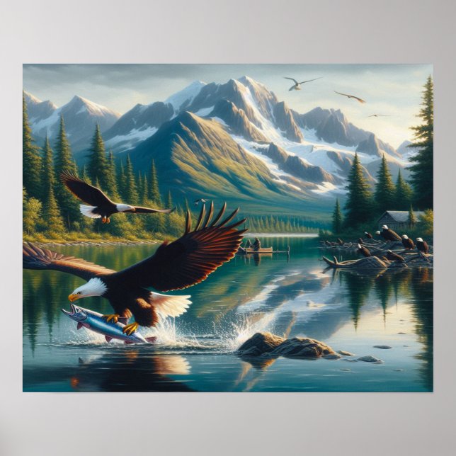 Poster Majestic Eagle Capturer le poisson au lever du sol (Devant)