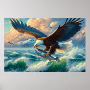 Poster Majestic Eagle Swooping Down to Catch Fish 20x16