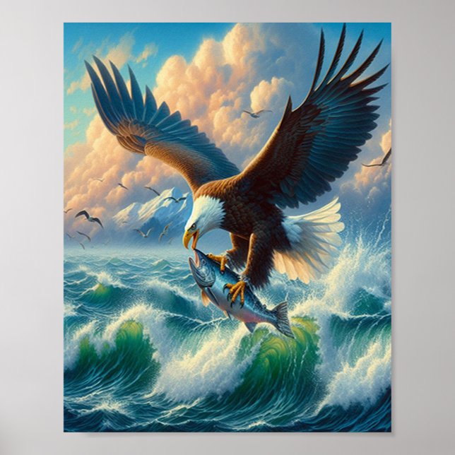Poster Majestic Eagle Swooping Down to Catch Fish 8x10 (Devant)