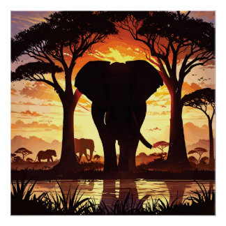 Poster Majestic Elephant at Sunset in the African Savanna