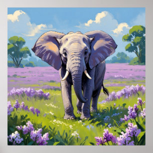 Poster Majestic Elephant marcher dans Lilac Field Peintur
