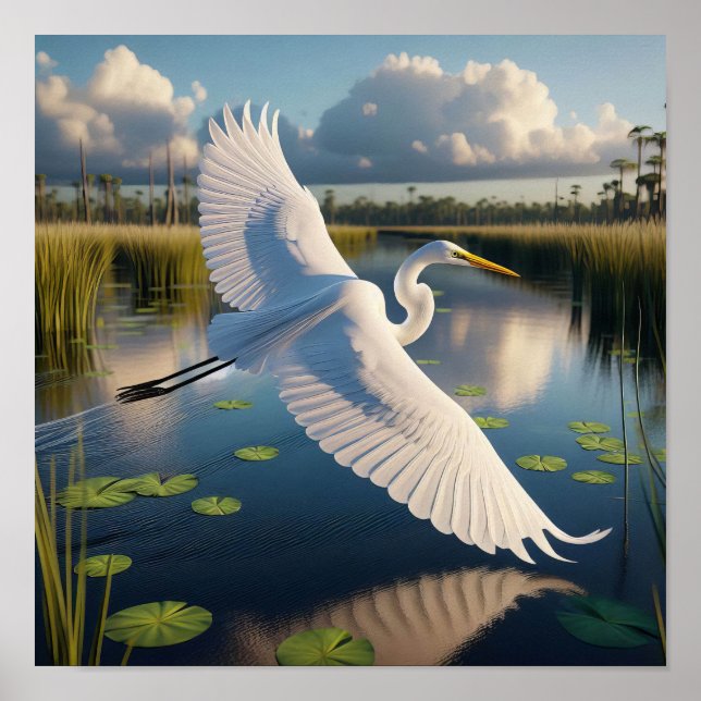 Poster Majestic Great Egret dans les terres humides paisi (Devant)