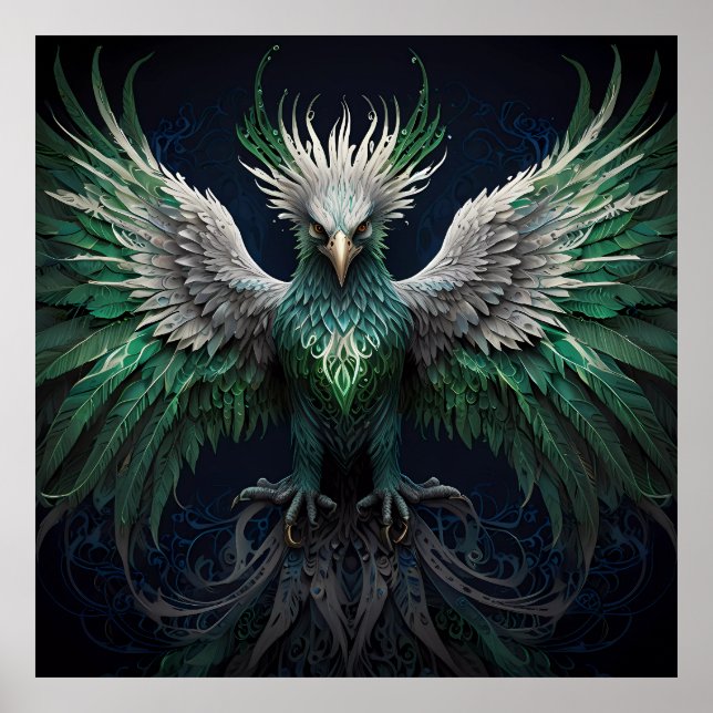 Poster Majestic Green & White Phoenix Bird (Devant)