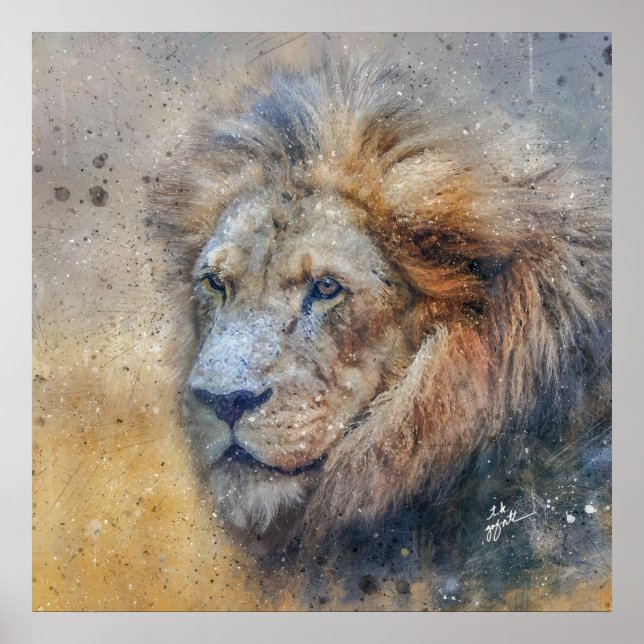 Poster Majestic Lion Photographie Aquarelle moderne (Devant)