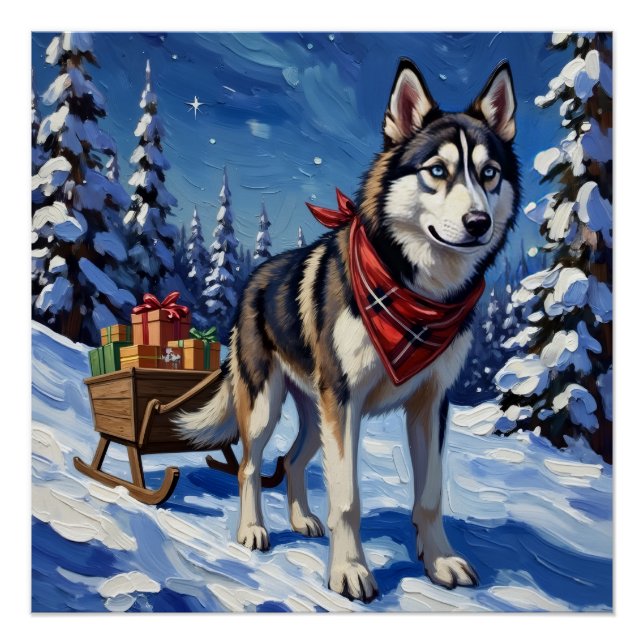 Poster Majestic Siberian Husky Pulling Christmas Sled (Devant)