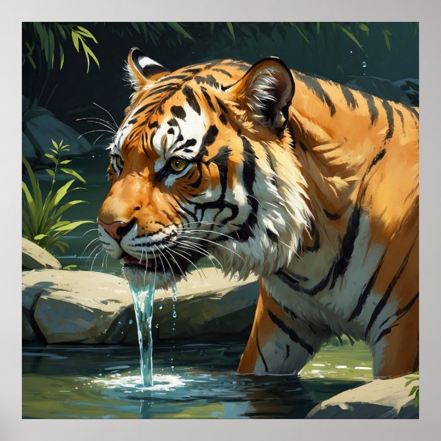 Poster Majestic Tiger Boire de l'eau de la rivière Peintu (Devant)