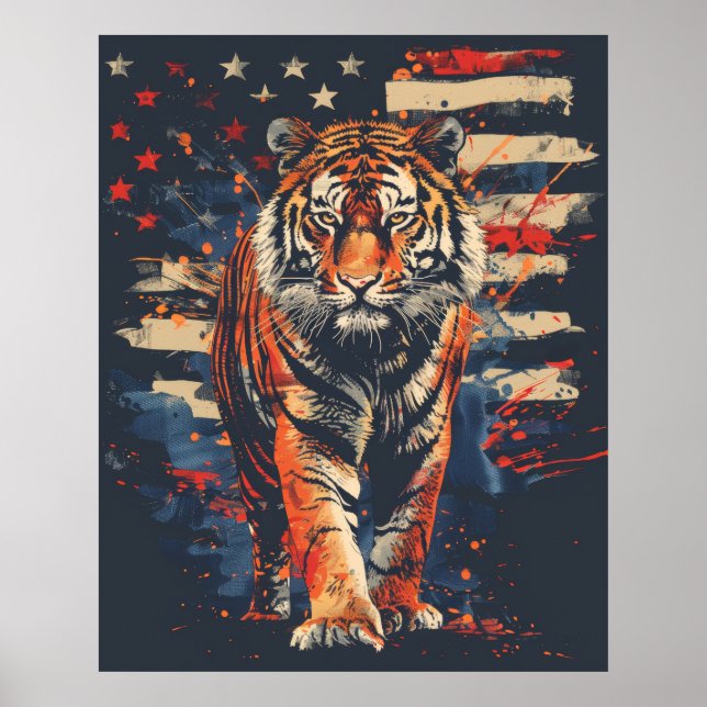 Poster Majestic Tiger debout fièrement par le drapeau amé (Devant)