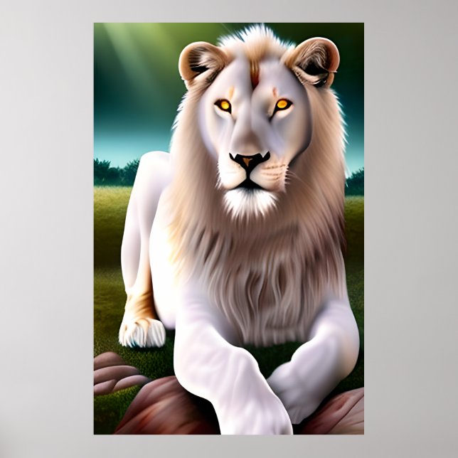 Poster Majestic White Lion Golden Eyes Ethereal Art (Devant)
