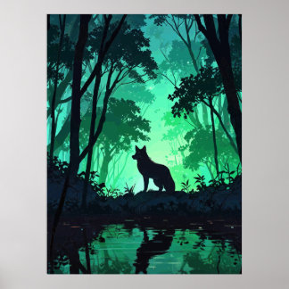 Poster Majestic Wolf Silhouette in Mystical Green Forest 