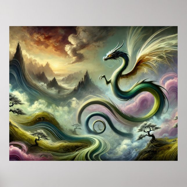 Poster Majestueux dragon céleste au-dessus de montagnes d (Devant)