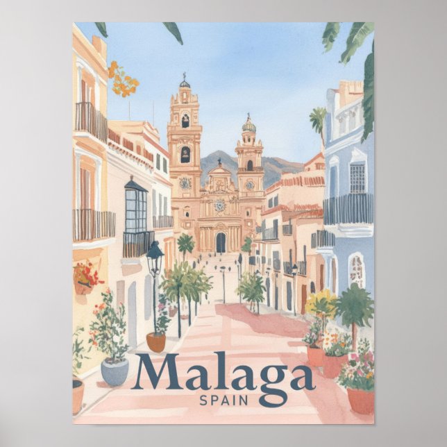 Poster Malaga Espagne Aquarelle Peinture Voyage (Devant)