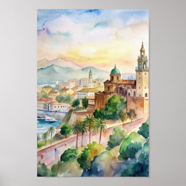 Poster Malaga Espagne Cityscape peinture aquarelle (Devant)
