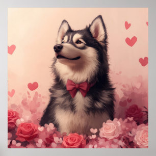 Poster Malamute d'Alaska avec des roses - Saint-Valentin