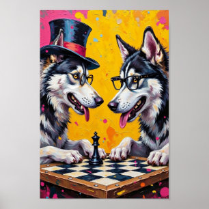 Poster Malamute d'Alaska Jouant aux Échecs Pop Art