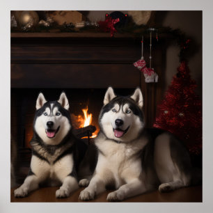 Poster Malamute en Alaska près de la cheminée Noël