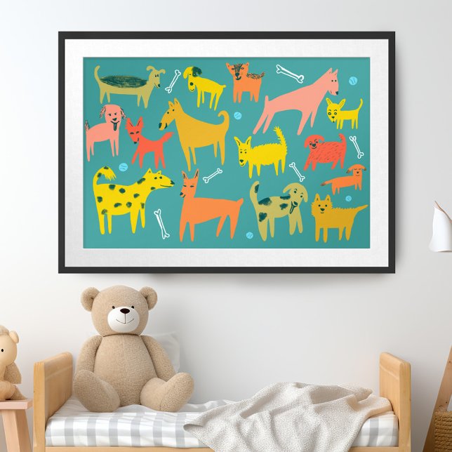 Poster Malheur ! Illustration colorée de chiens amusants (Woof! Colorful Funny Dogs Illustration Poster)