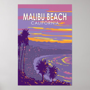 Poster Malibu Beach California Travel Art Vintage