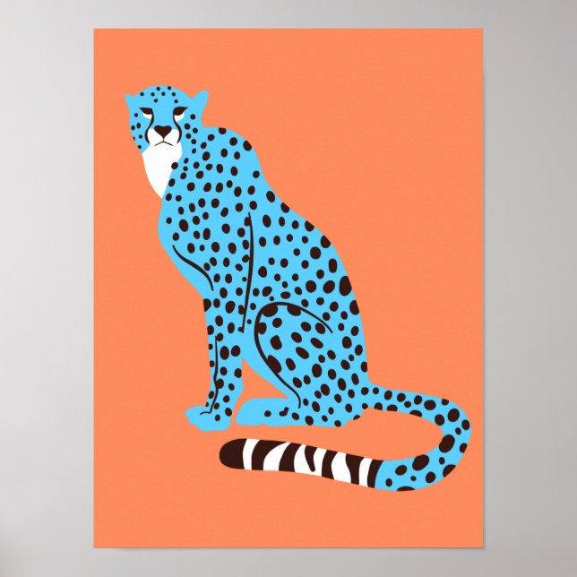 Poster Malibu Blue Cheetah moderne sur Saumon Orange (Devant)