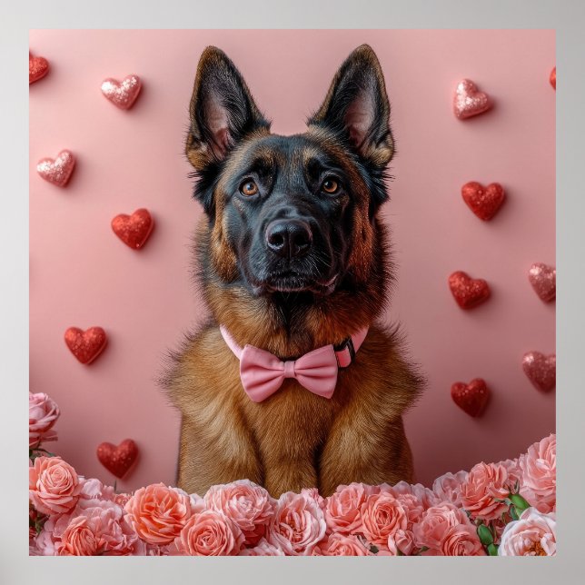 Poster Malinois belge avec Rose - Saint Valentin (Devant)