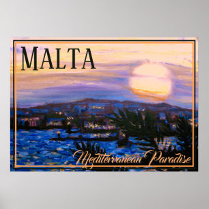 Poster Malte Vintage voyage Paradis Méditerranéen Coucher
