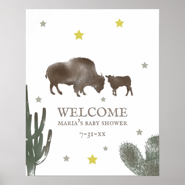 Poster Mama Baby Buffalo Cactus Boy Baby shower Bienvenue (Devant)