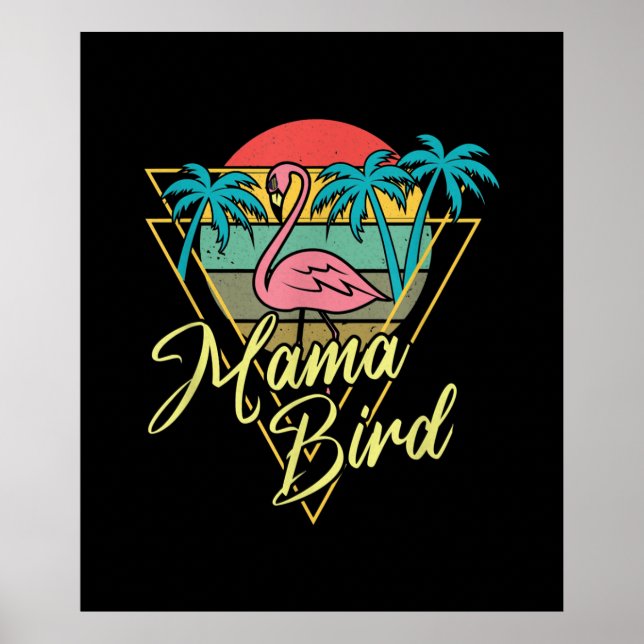 Poster Mama Bird Flamant rose Sunset Palm Tree Beach anné (Devant)