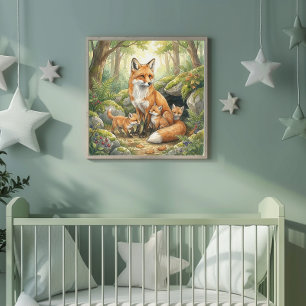 Poster Mama Fox et ses petits - Crèche