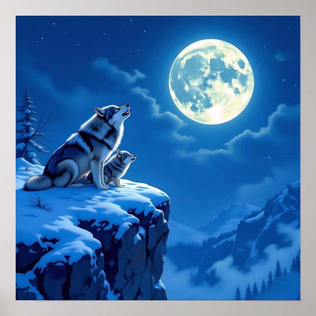 Poster Mama Wolf et son petit hurler à la lune (Devant)