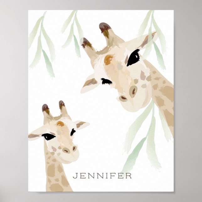Poster Maman & Baby Giraffe Aquarelle Nursery Art (Devant)
