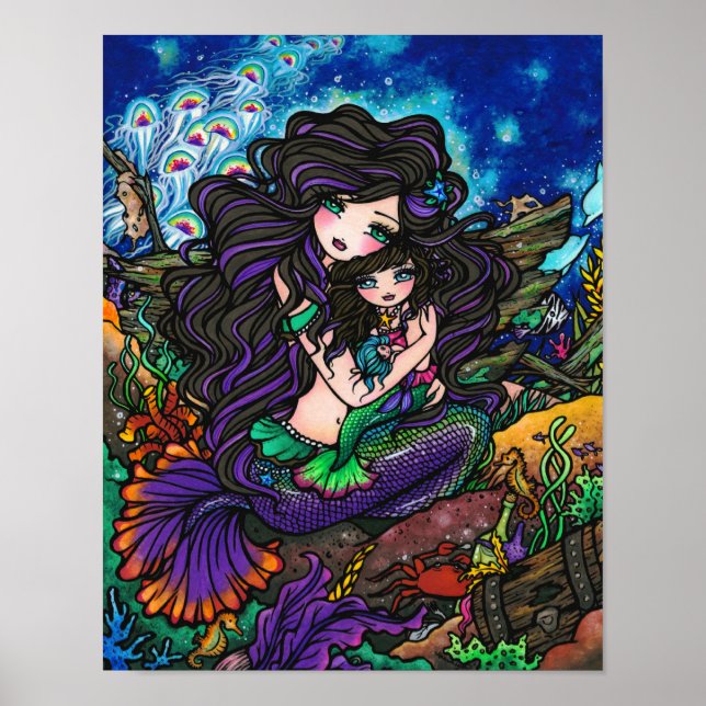 Poster Maman & Baby Mermaid Imaginaire Marine Art Hannah  (Devant)