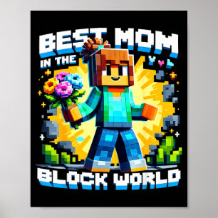 Poster Maman dans le monde de blocs pixel jeu fête des mè