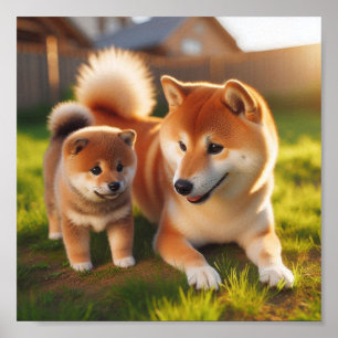 Poster Maman de Shiba Inu et son chiot
