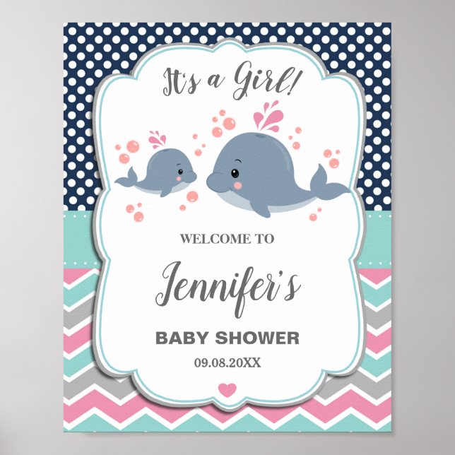 Poster Maman et bébé Baby shower baleines Accueil nautiqu (Devant)
