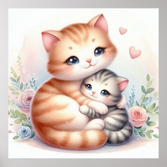 Poster Maman et bébé chaton (Devant)