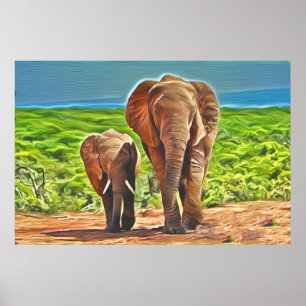 Poster Maman et bébé éléphant