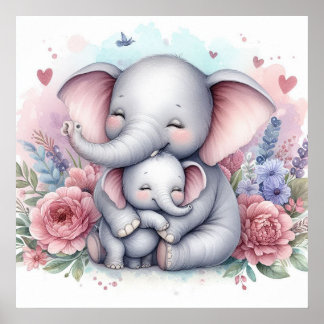 Poster Maman et bébé éléphant