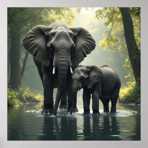 Poster Maman et bébé éléphant dans la forêt africaine-Rai