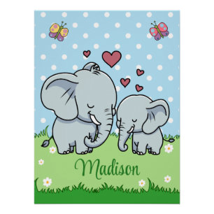 Poster Maman et bébé éléphant mignons, personnalisé
