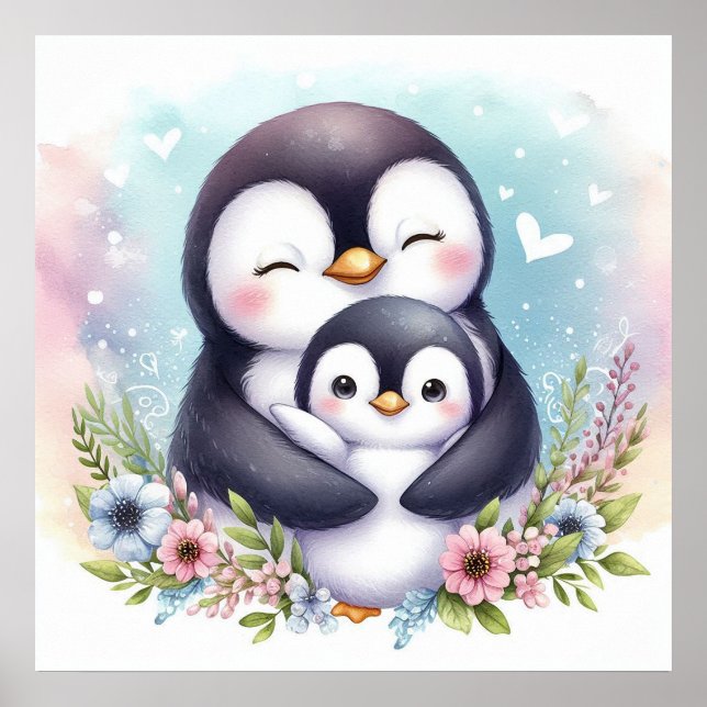 Poster Maman et bébé Penguin (Devant)