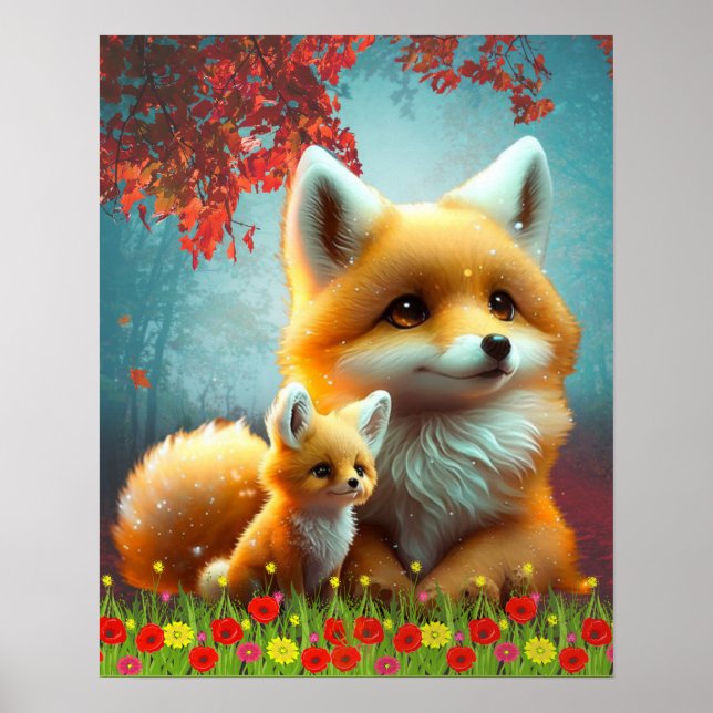 Poster Maman et bébé renard orange mignons Art pour la nu (Devant)