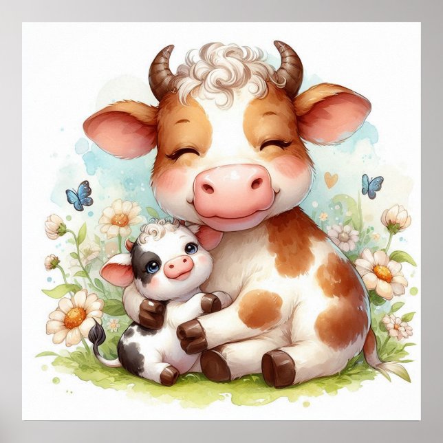 Poster Maman et bébé vache (Devant)